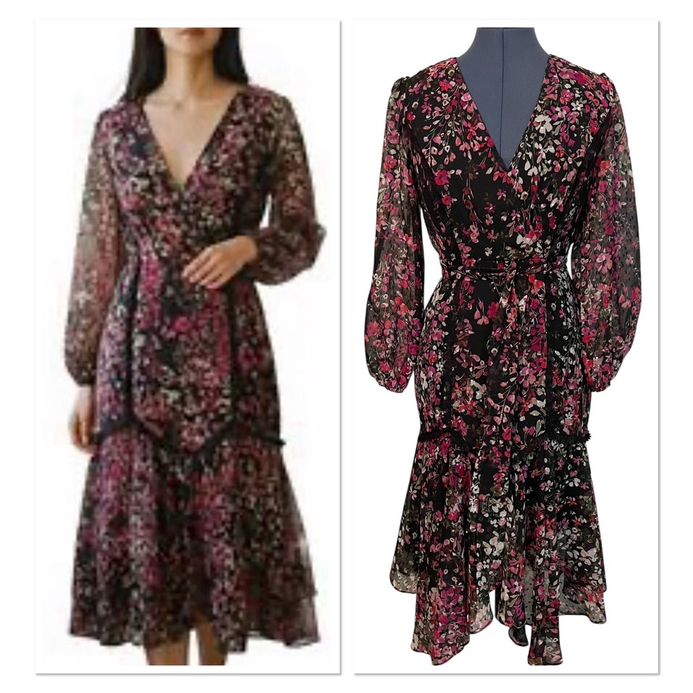 Danny Nicole Floral Lace Faux Wrap Sheer Tiered Midi Dress Cottage Fairy Boho 4